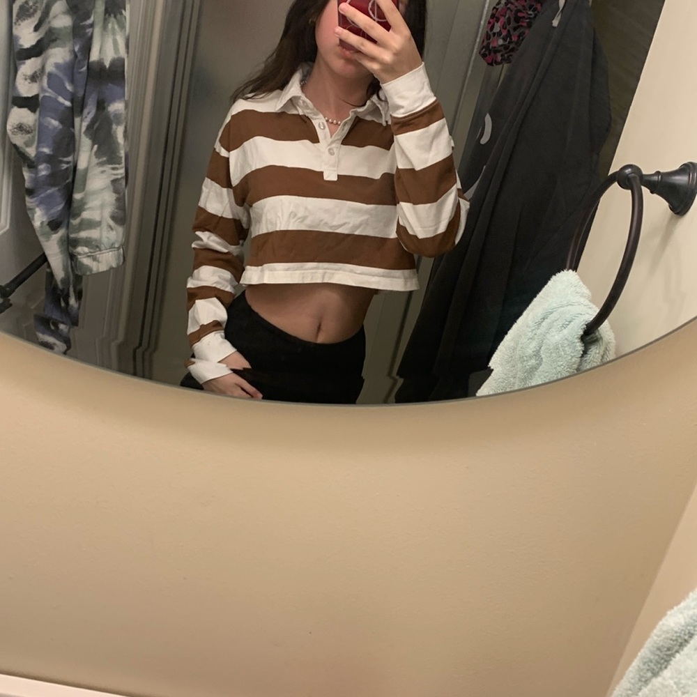 brown and white, striped, button up, crop top